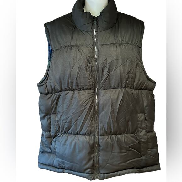 Old Navy Mens Medium Black Full Zip Puffer Vest with Plaid Lining Fleece Pockets - Picture 1 of 10